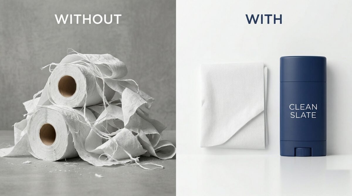 Side-by-side: without Clean Slate, cleanup takes multiple wipes; with Clean Slate, one wipe is enough