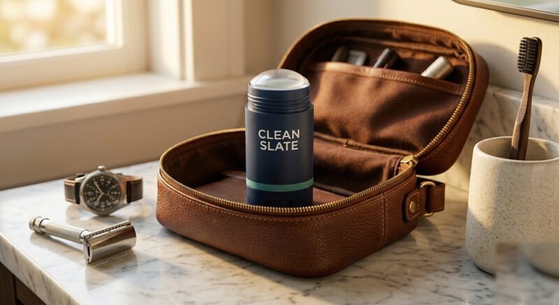 Clean Slate men's barrier stick in a leather dopp kit — morning hygiene routine essential