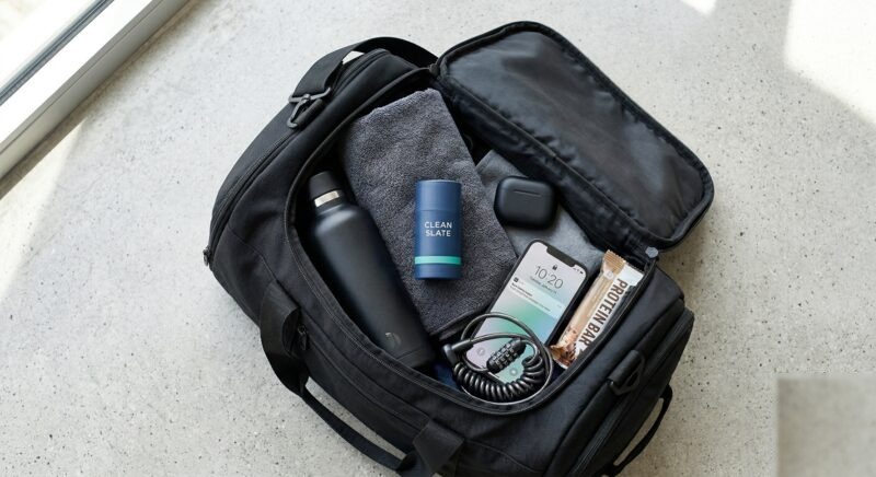 Clean Slate barrier stick in a gym bag — portable men's personal hygiene for active lifestyles