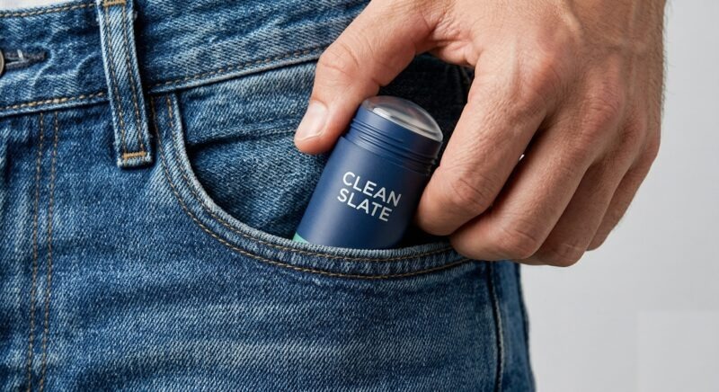 Man slipping pocket-sized Clean Slate hygiene stick into his jeans