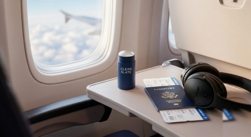 TSA-friendly Clean Slate travel-size barrier stick on airplane tray table
